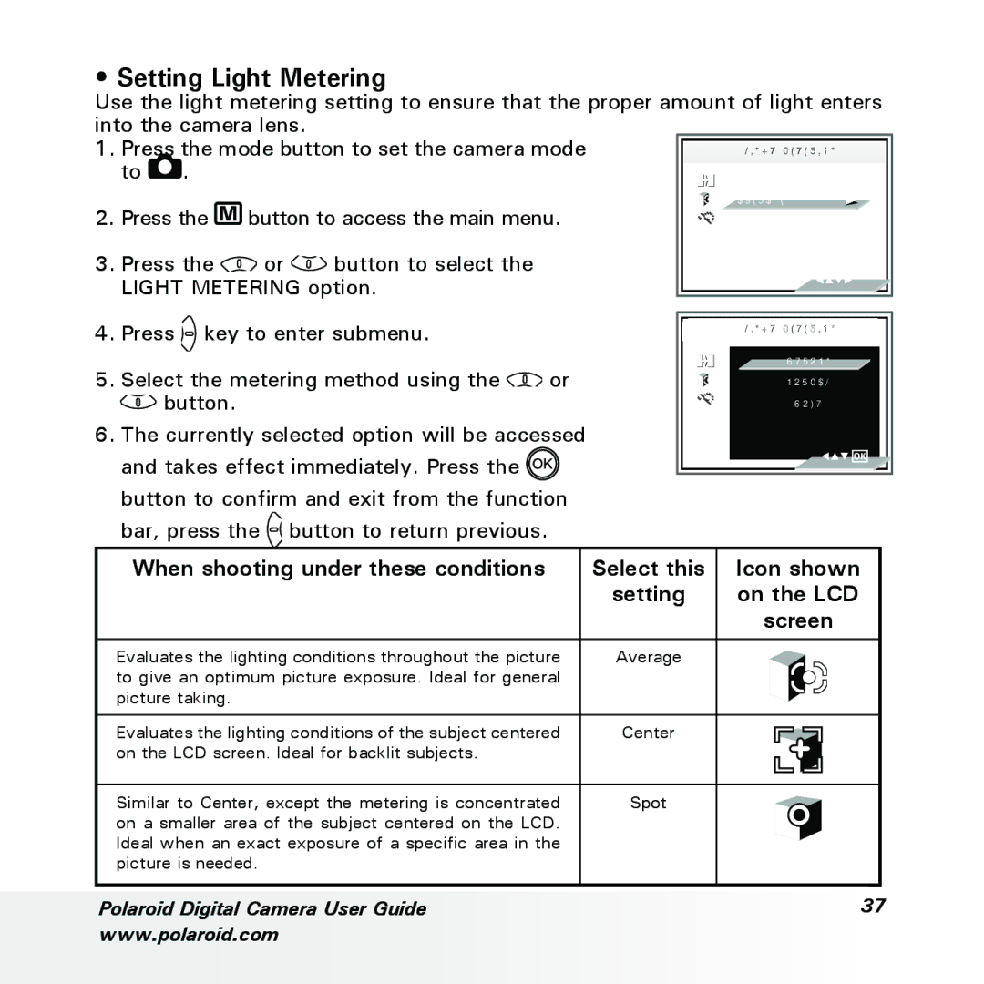 Polaroid a600 manual Setting Light Metering, Screen 