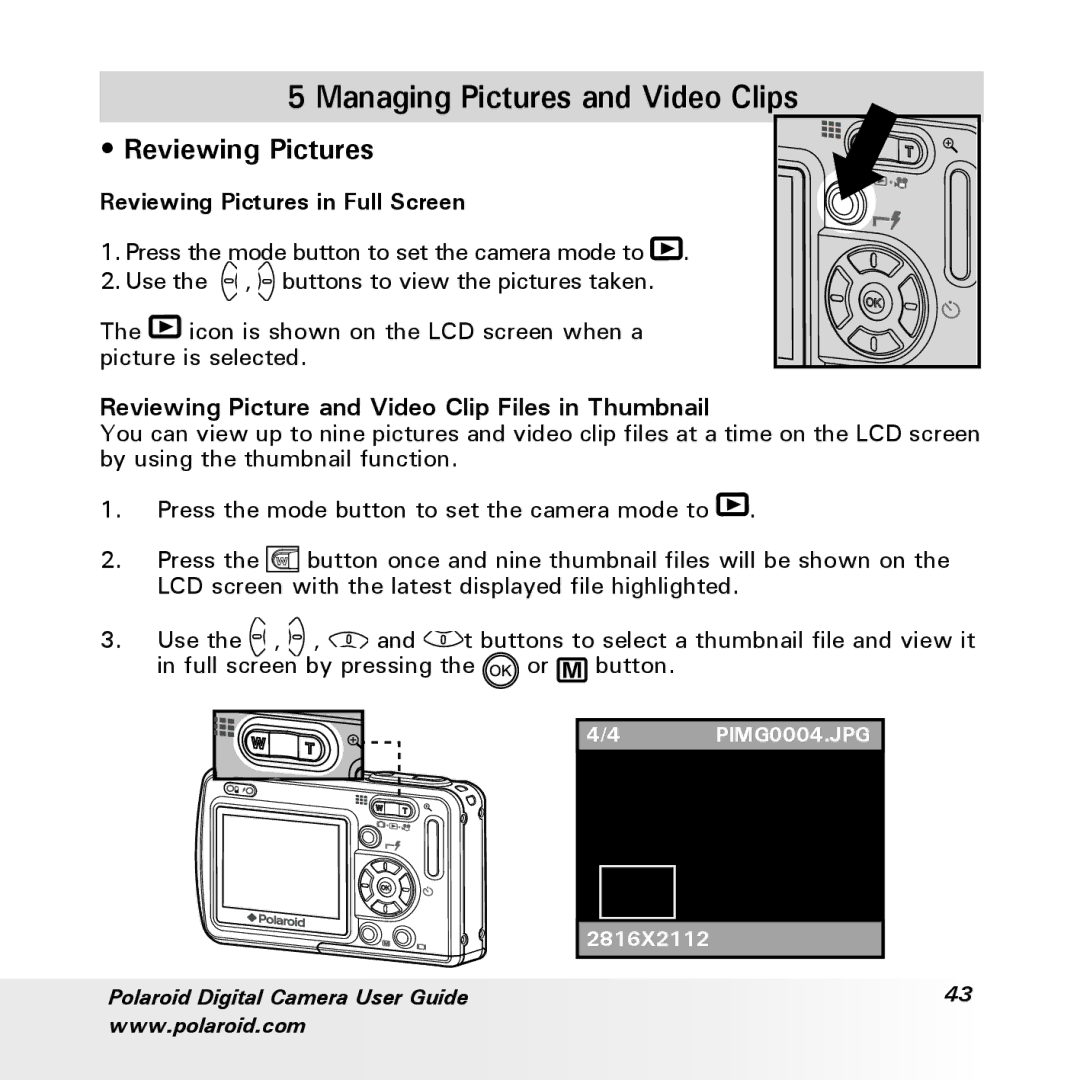 Polaroid a600 manual Managing Pictures and Video Clips, Reviewing Pictures in Full Screen 