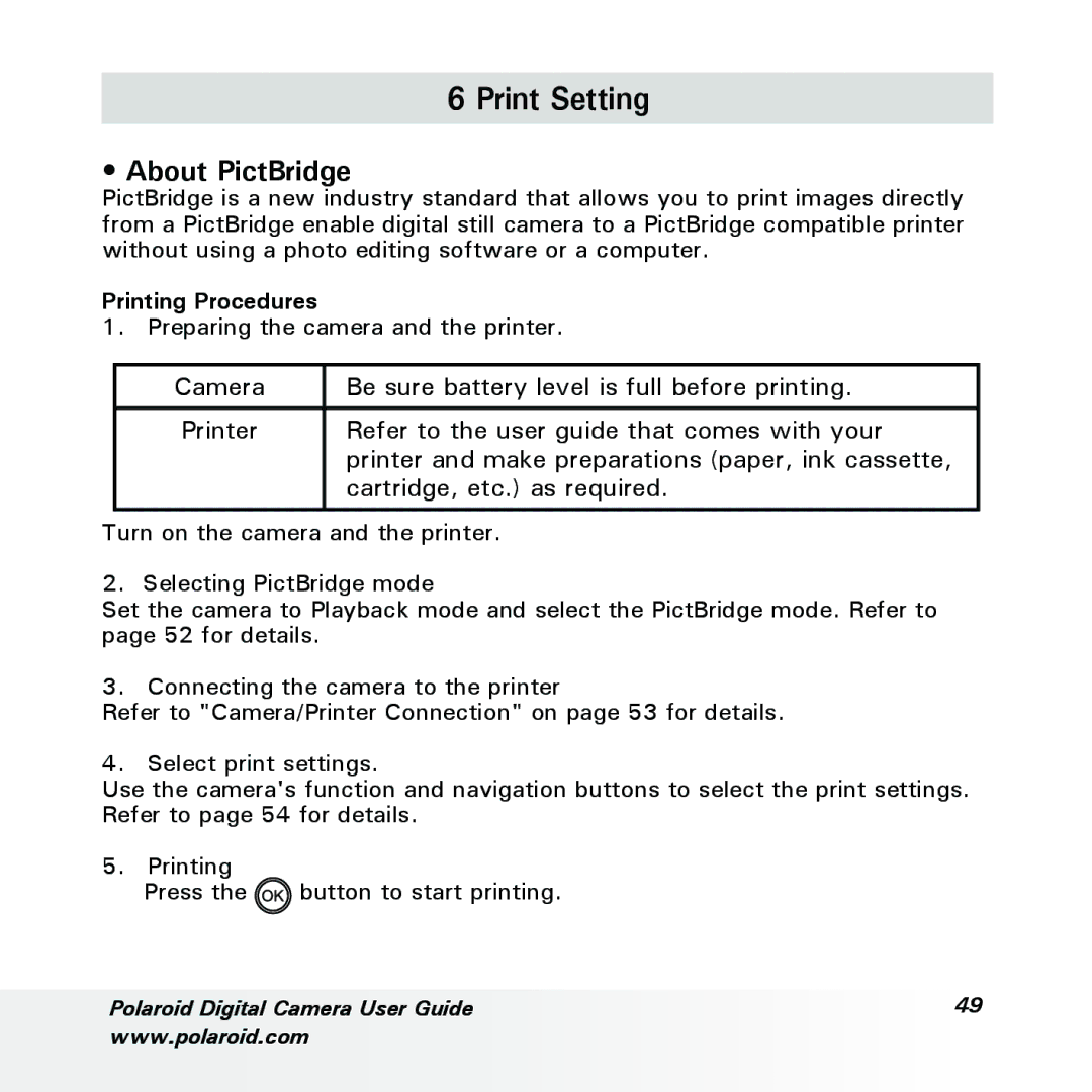 Polaroid a600 manual Print Setting, About PictBridge, Printing Procedures 