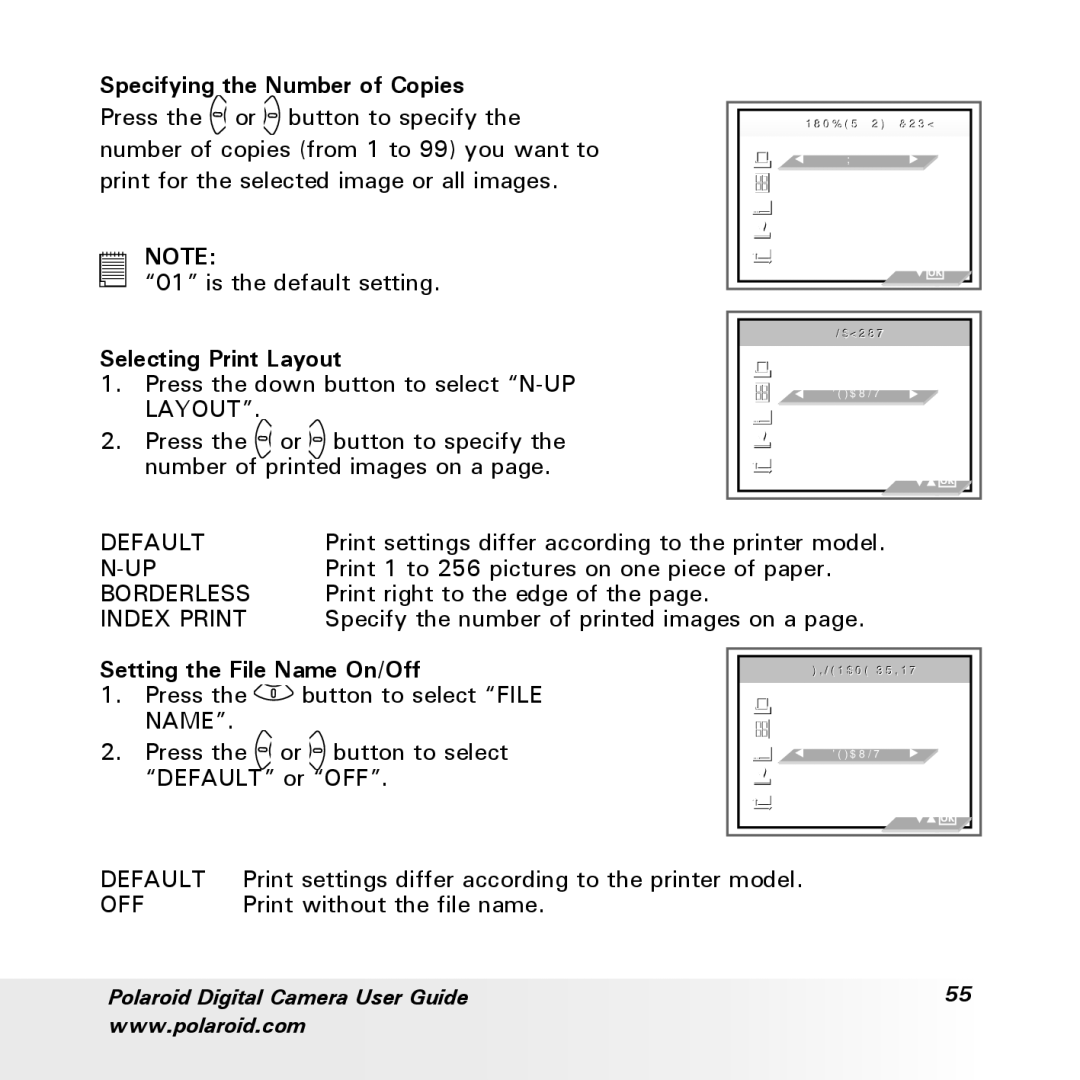 Polaroid a600 manual Specifying the Number of Copies, Selecting Print Layout, Setting the File Name On/Off 