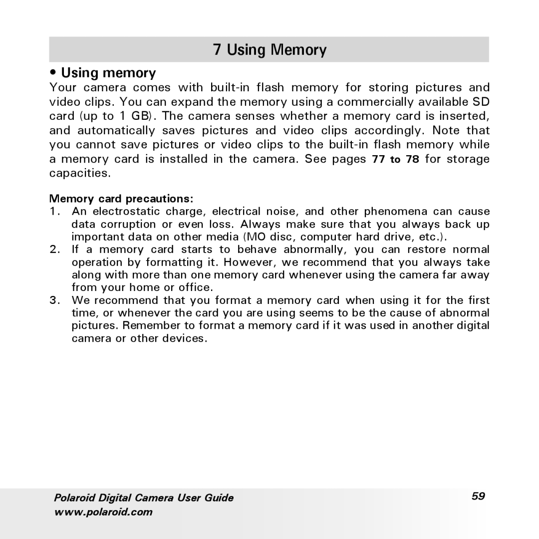 Polaroid a600 manual Using Memory, Using memory, Memory card precautions 