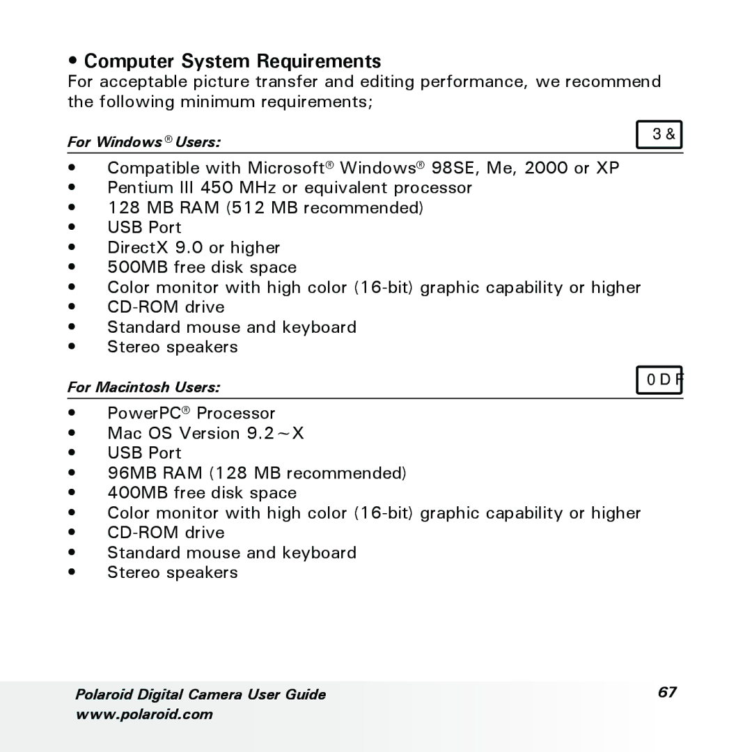 Polaroid a600 manual Computer System Requirements 