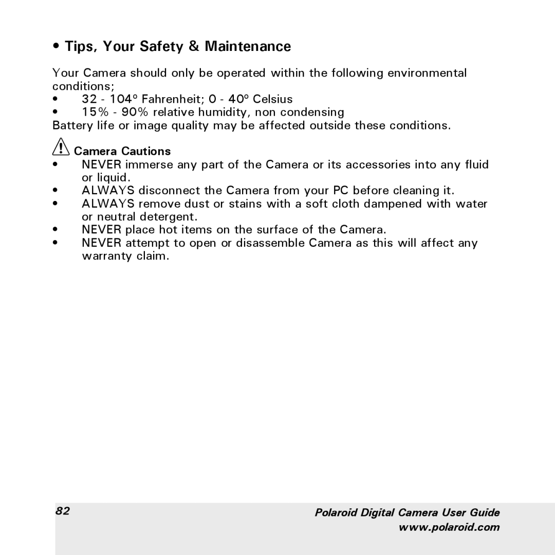 Polaroid a600 manual Tips, Your Safety & Maintenance, Camera Cautions 