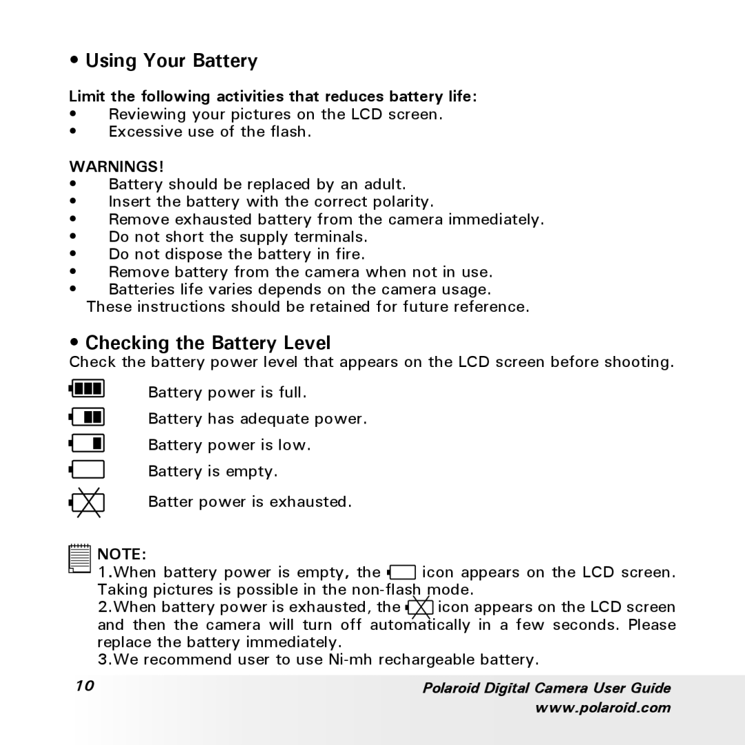Polaroid a700 Using Your Battery, Checking the Battery Level, Limit the following activities that reduces battery life 