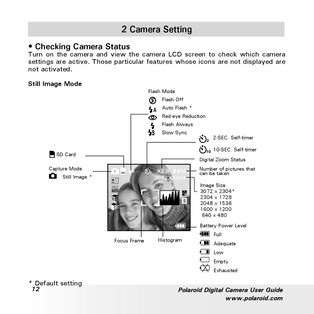 Polaroid a700 manual Camera Setting, Checking Camera Status, Still Image Mode 
