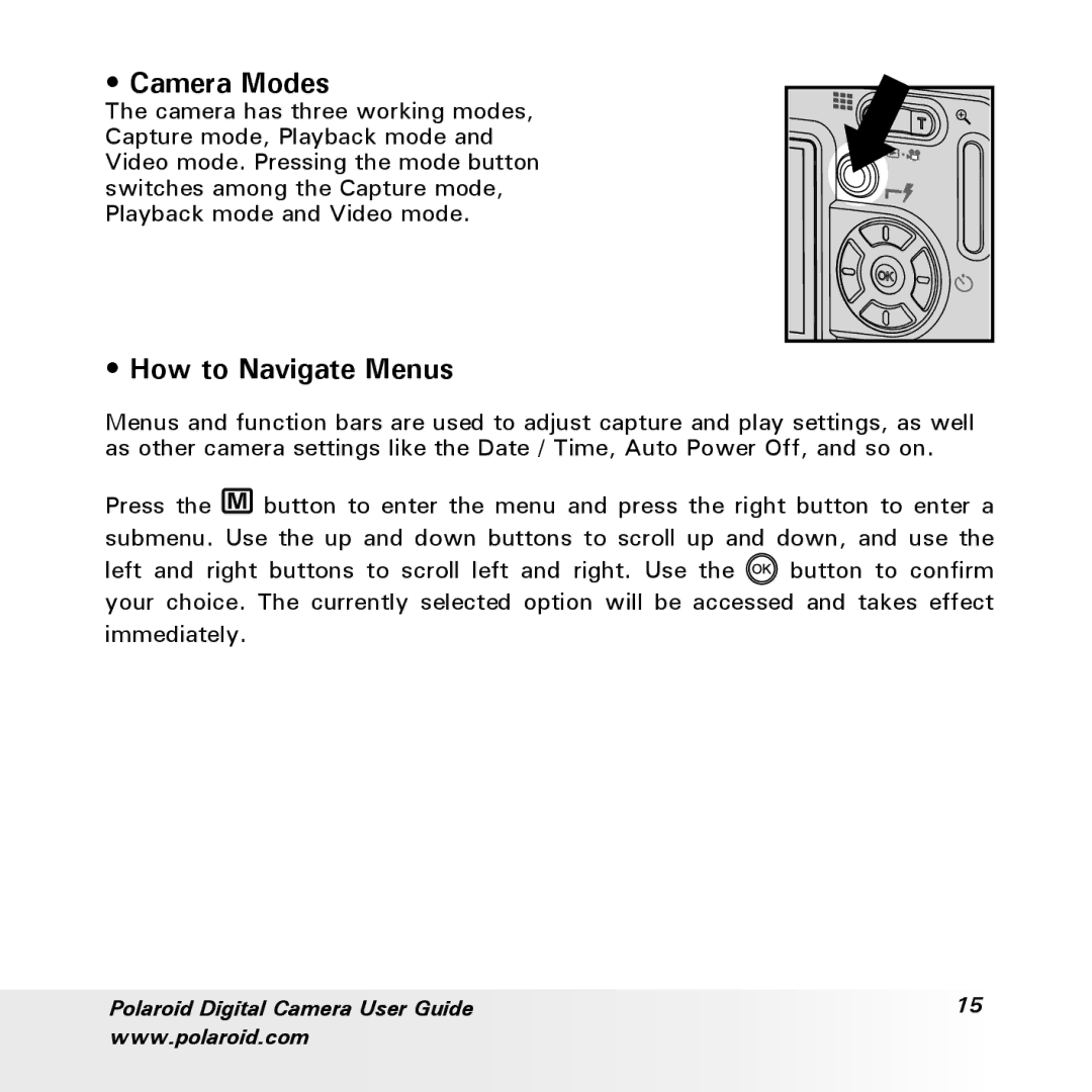 Polaroid a700 manual Camera Modes, How to Navigate Menus 