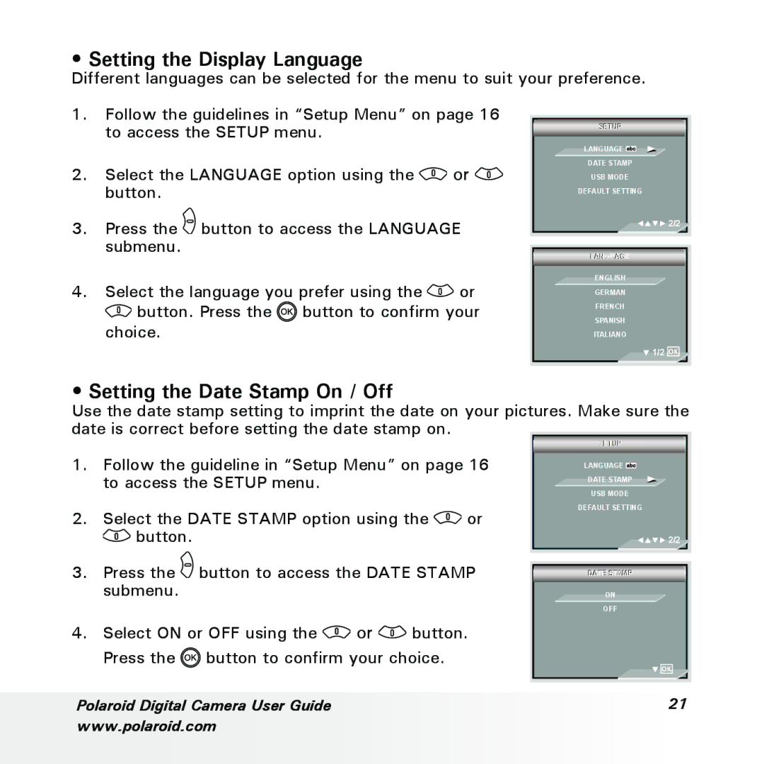Polaroid a700 manual Setting the Display Language, Setting the Date Stamp On / Off 