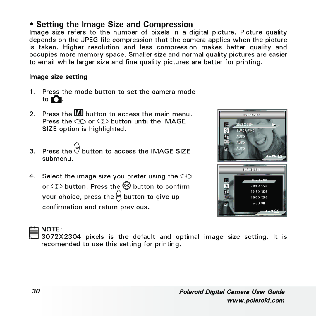 Polaroid a700 manual Setting the Image Size and Compression, Image size setting 