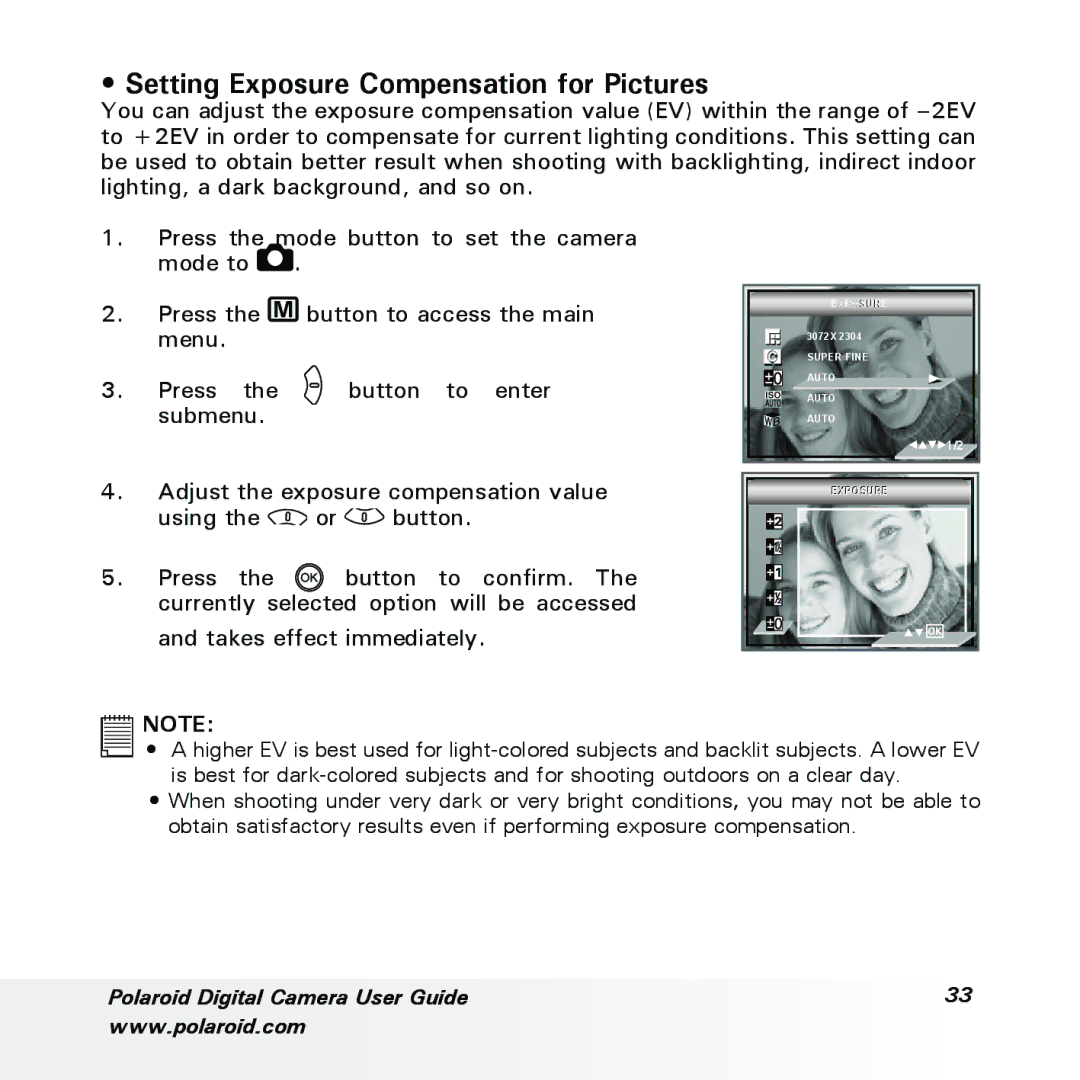 Polaroid a700 manual Adjust the exposure compensation value Using the or button 