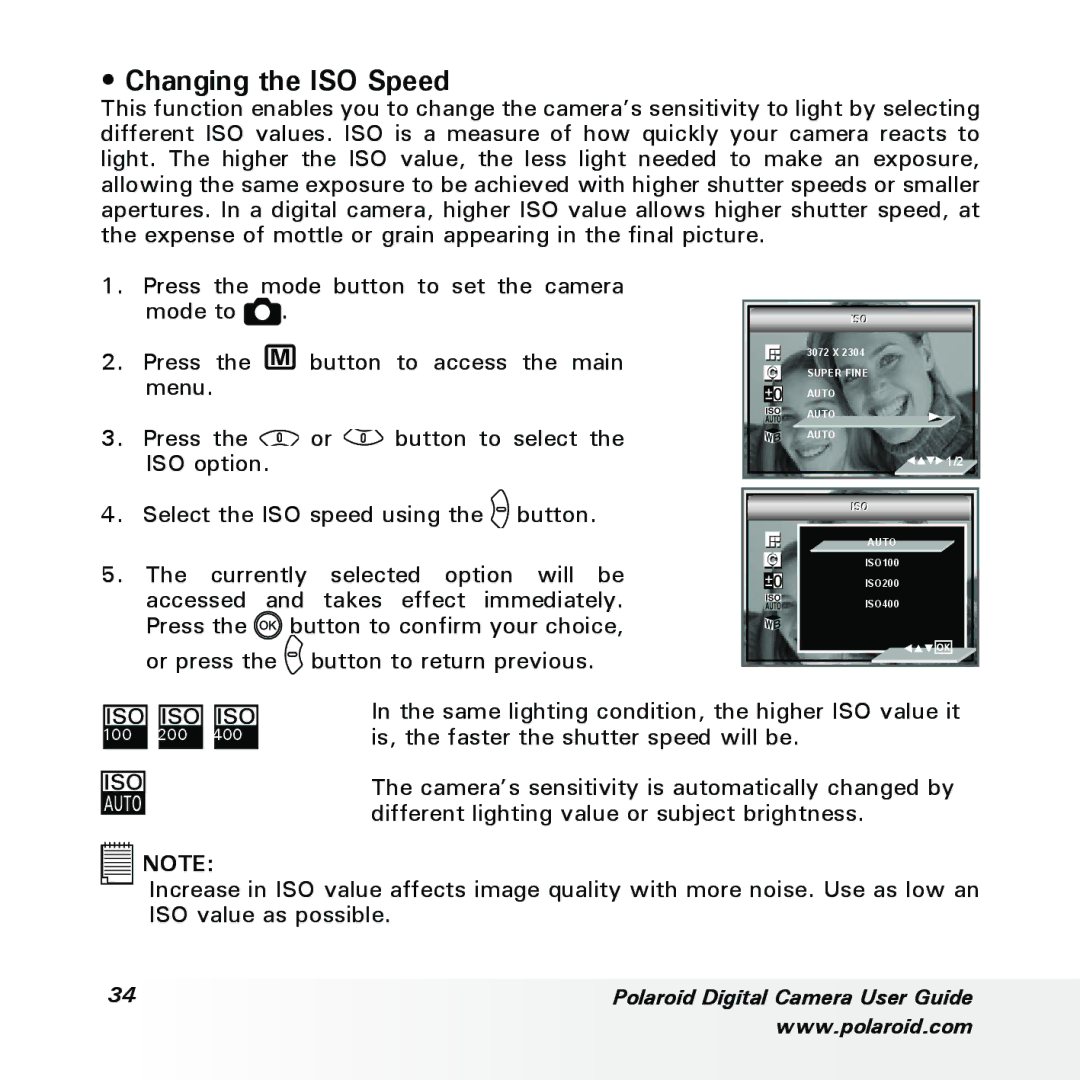 Polaroid a700 manual Changing the ISO Speed, Is, the faster the shutter speed will be 