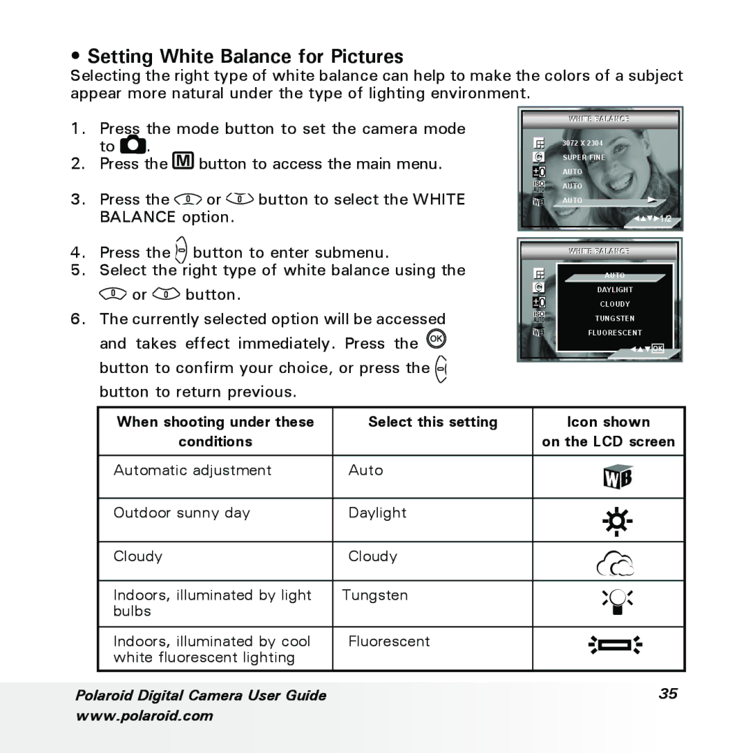 Polaroid a700 manual Setting White Balance for Pictures 