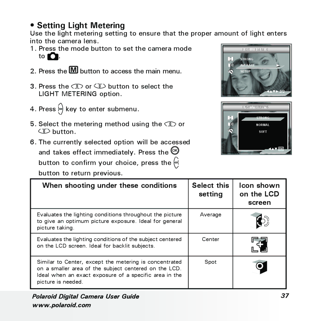 Polaroid a700 Setting Light Metering, Icon shown, When shooting under these conditions Select this, Setting On the LCD 