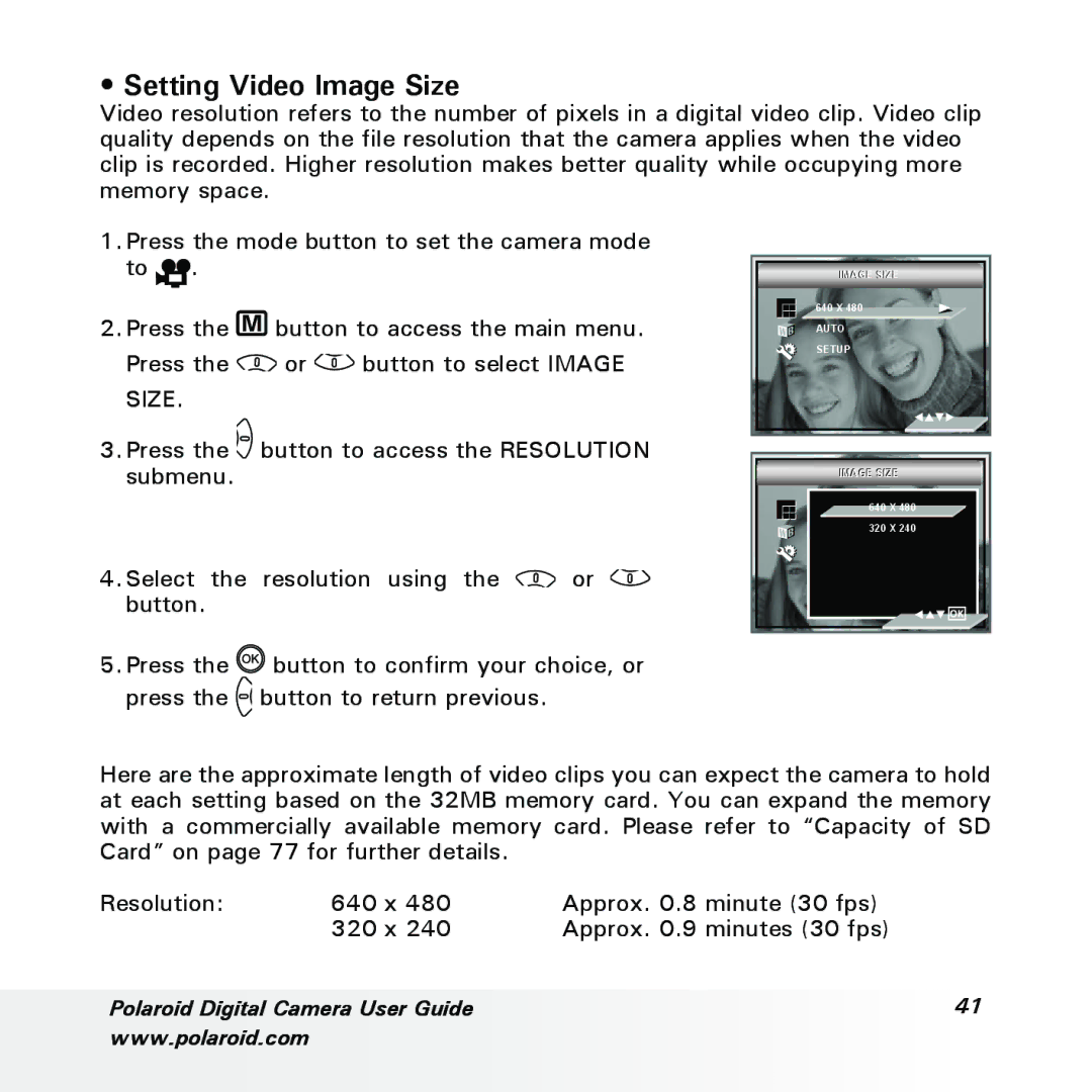 Polaroid a700 manual Setting Video Image Size 