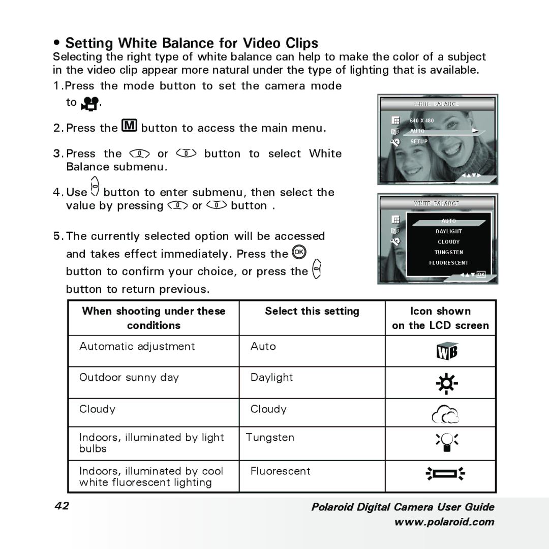 Polaroid a700 manual Setting White Balance for Video Clips 