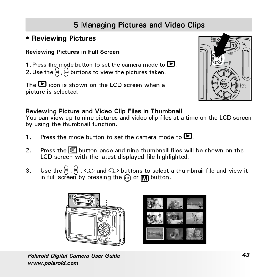 Polaroid a700 Managing Pictures and Video Clips, Reviewing Pictures, Reviewing Picture and Video Clip Files in Thumbnail 