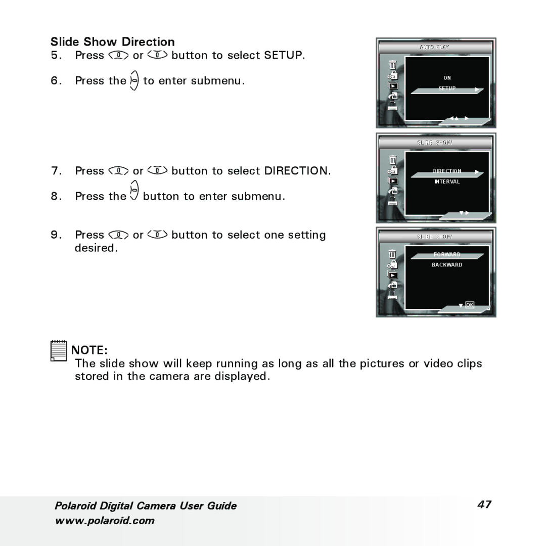 Polaroid a700 manual Slide Show Direction 