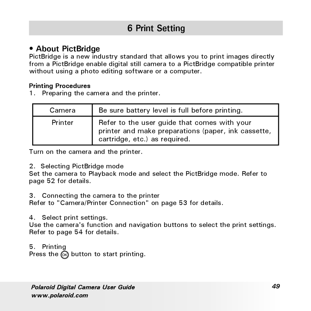 Polaroid a700 manual Print Setting, About PictBridge, Printing Procedures 