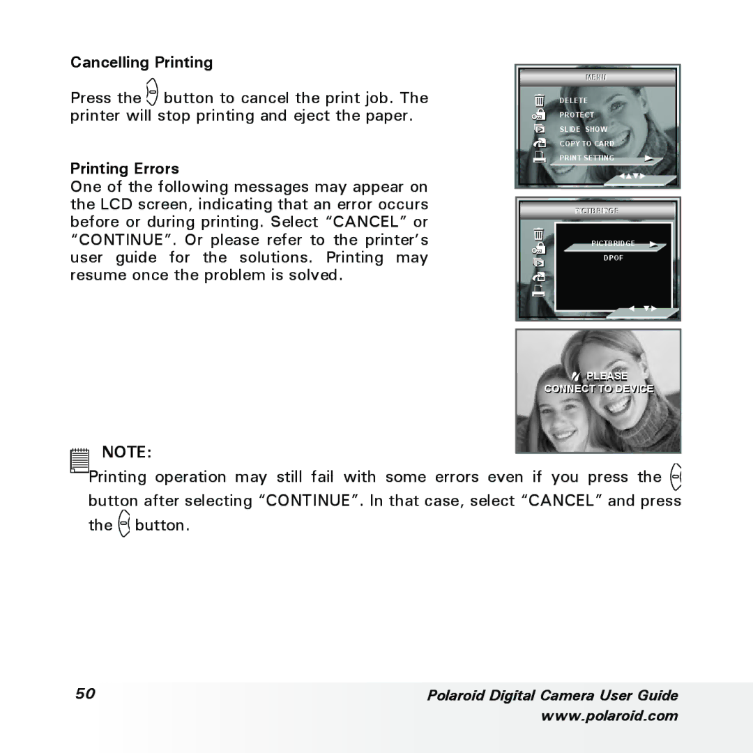 Polaroid a700 manual Cancelling Printing, Printing Errors 