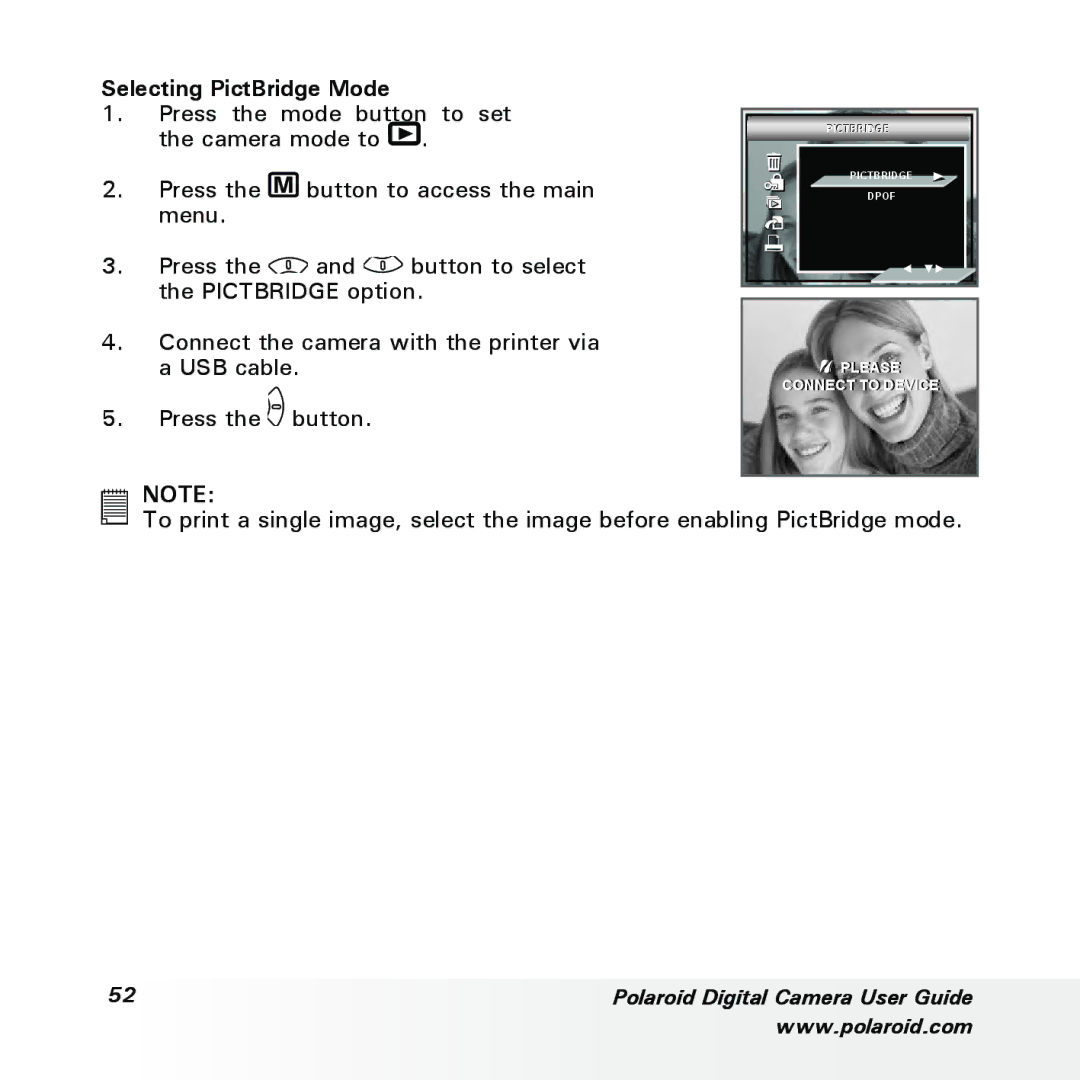 Polaroid a700 manual Selecting PictBridge Mode 