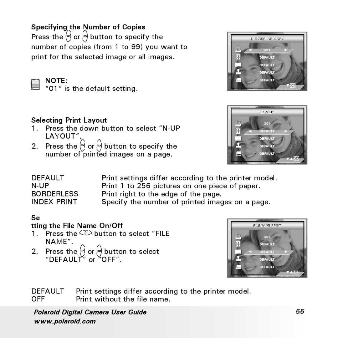 Polaroid a700 manual Specifying the Number of Copies, Selecting Print Layout, Tting the File Name On/Off 