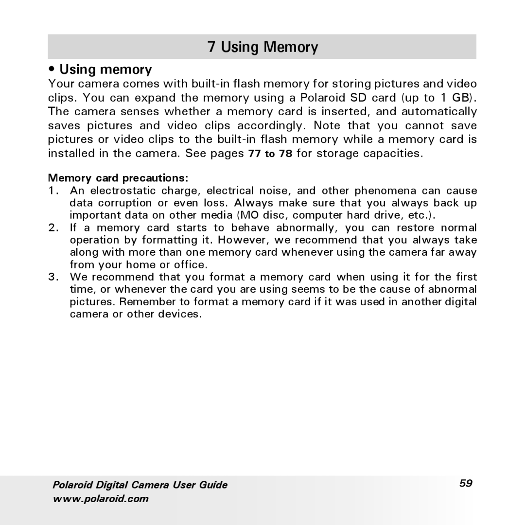 Polaroid a700 manual Using Memory, Using memory, Memory card precautions 
