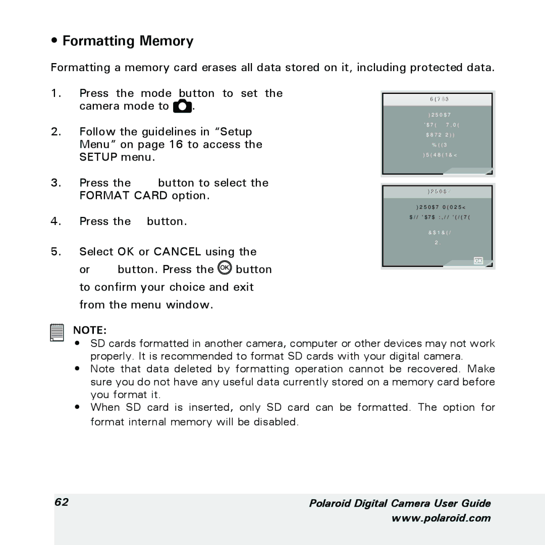Polaroid a700 manual Formatting Memory 