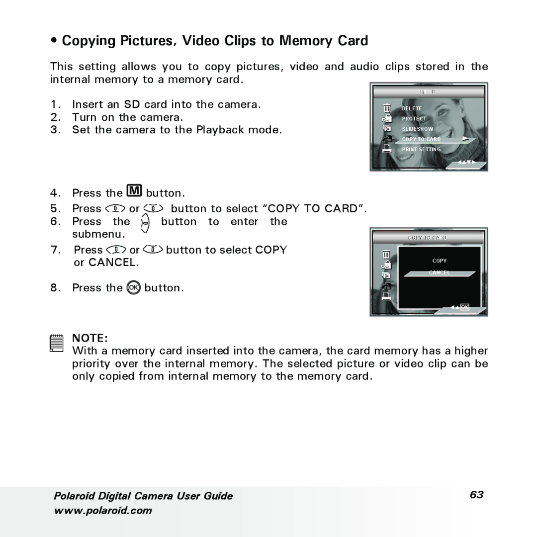 Polaroid a700 manual Copying Pictures, Video Clips to Memory Card 