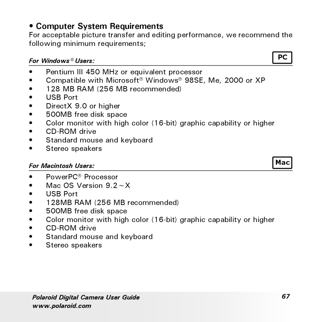 Polaroid a700 manual Computer System Requirements 