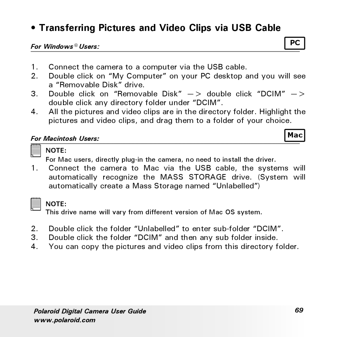 Polaroid a700 manual Transferring Pictures and Video Clips via USB Cable 