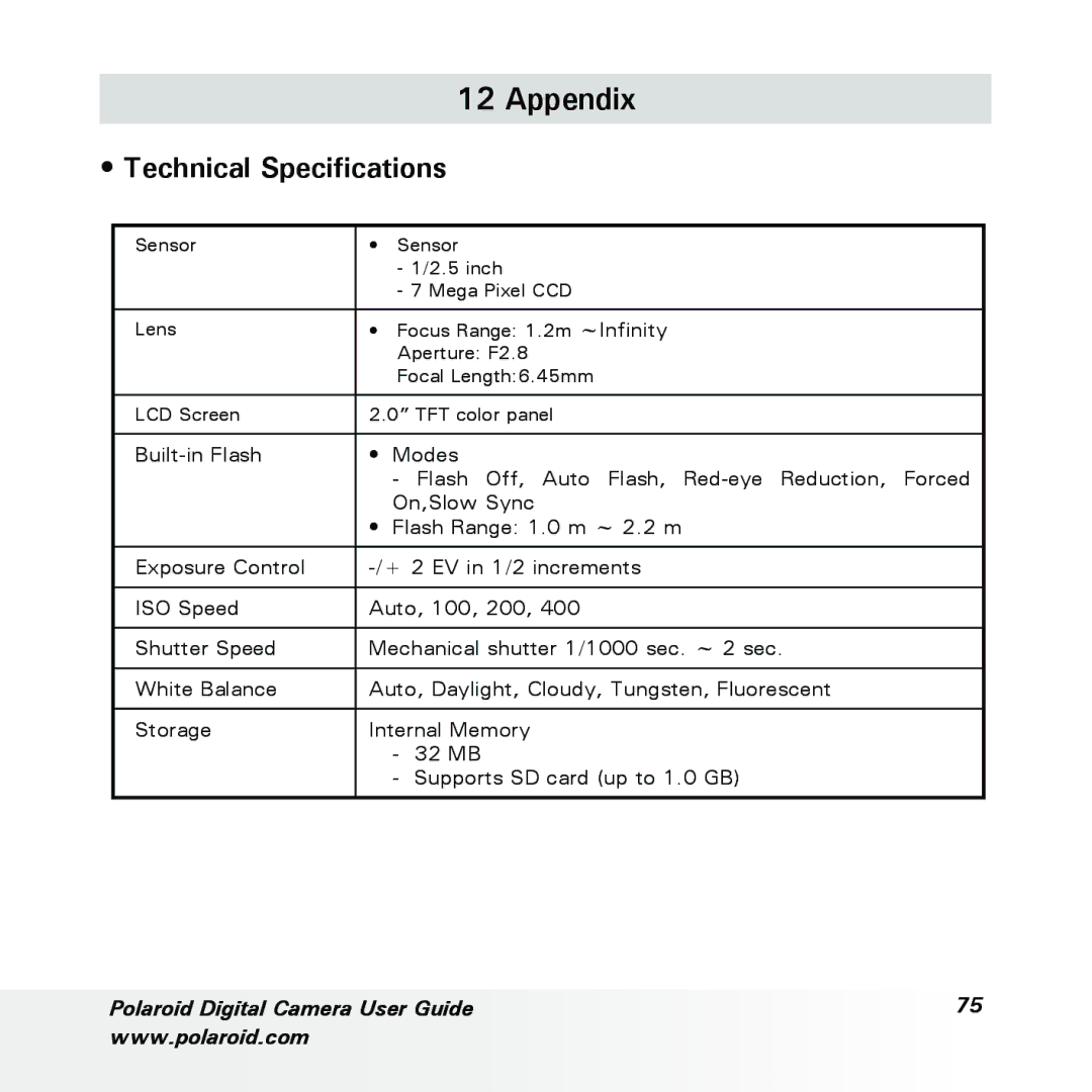 Polaroid a700 manual Appendix, Technical Specifications 