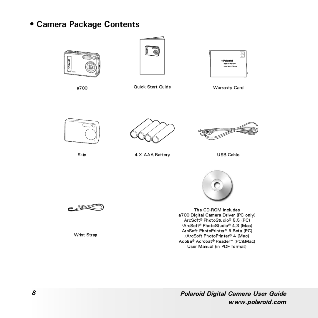 Polaroid a700 manual Camera Package Contents 