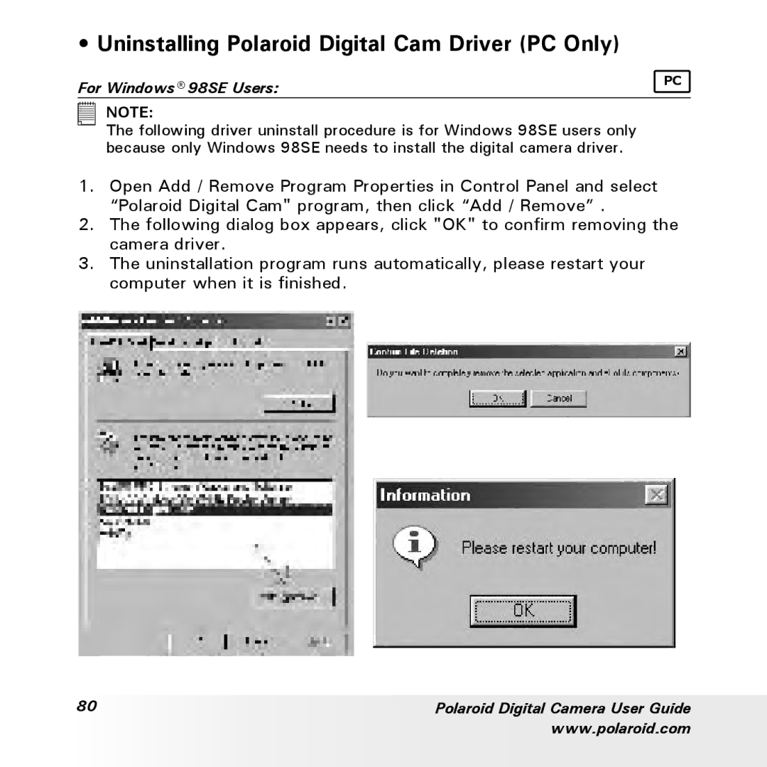 Polaroid a700 manual Uninstalling Polaroid Digital Cam Driver PC Only, For Windows 98SE Users 