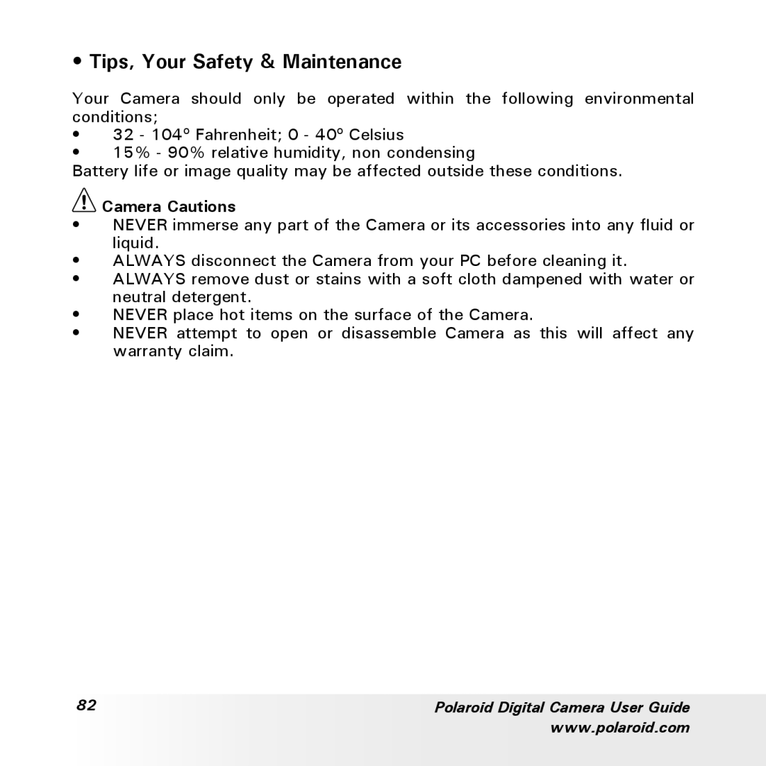 Polaroid a700 manual Tips, Your Safety & Maintenance, Camera Cautions 