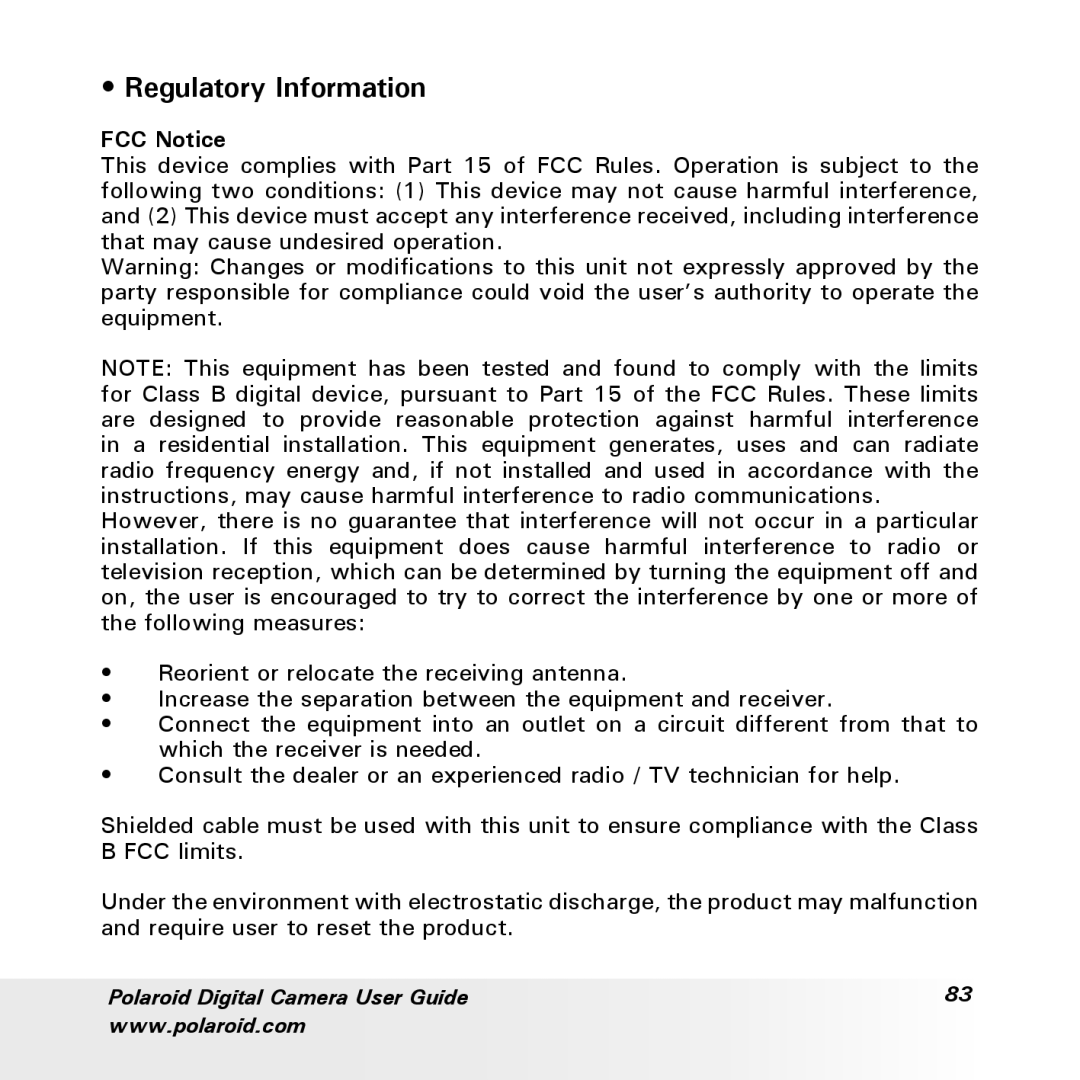 Polaroid a700 manual Regulatory Information, FCC Notice 