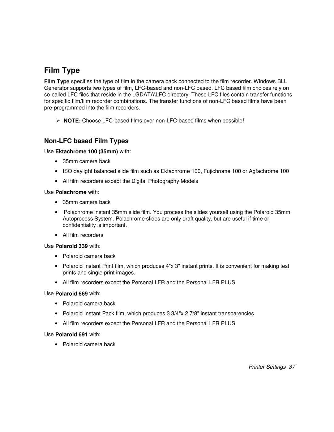 Polaroid BLL Generator manual Non-LFC based Film Types 