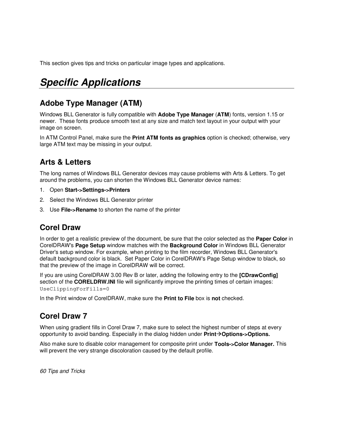 Polaroid BLL Generator manual Specific Applications, Adobe Type Manager ATM, Arts & Letters, Corel Draw 