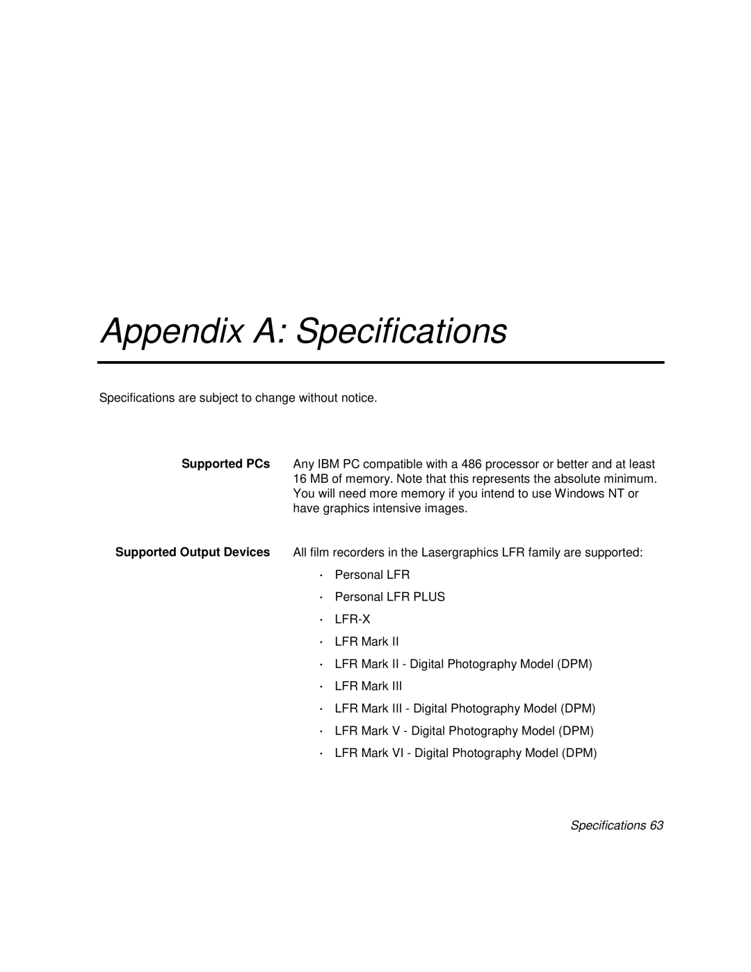 Polaroid BLL Generator manual Appendix a Specifications, ∙ Lfr-X 