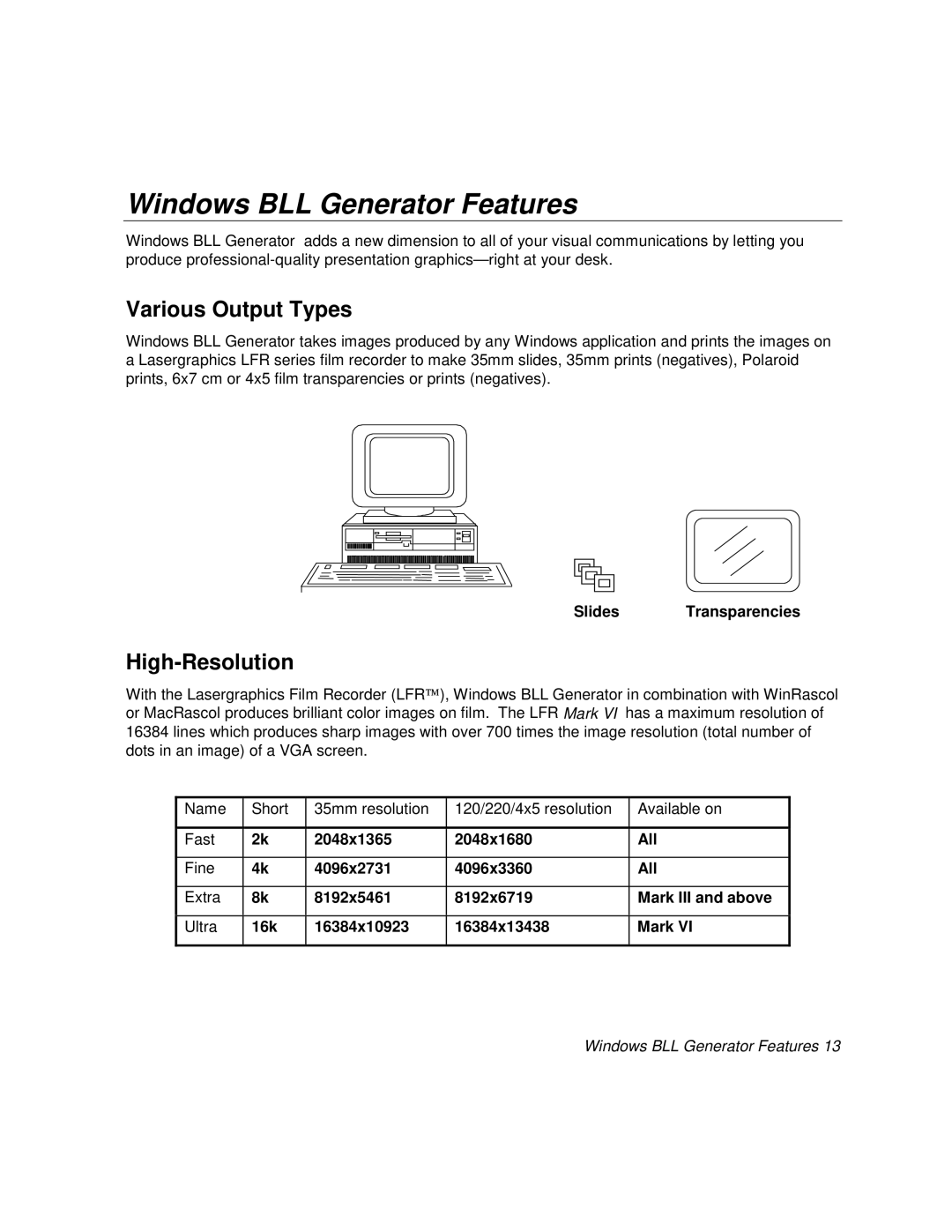 Polaroid Windows BLL Generator Features, Various Output Types, High-Resolution, Slides Transparencies, Name, Short 
