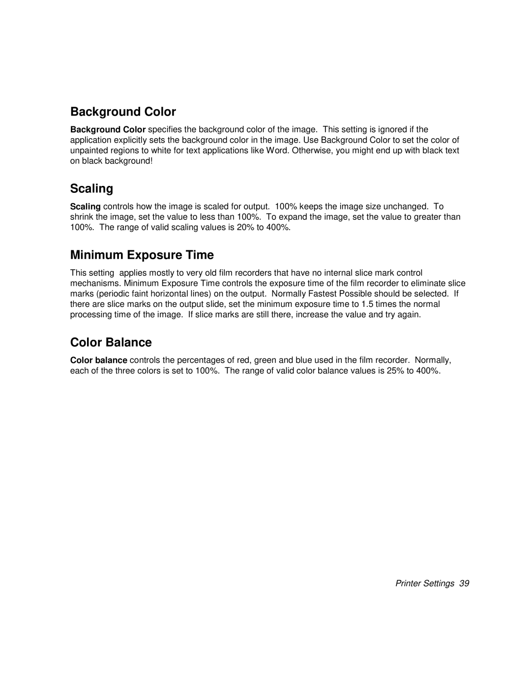 Polaroid BLL Generator manual Background Color, Scaling, Minimum Exposure Time, Color Balance, Printer Settings 