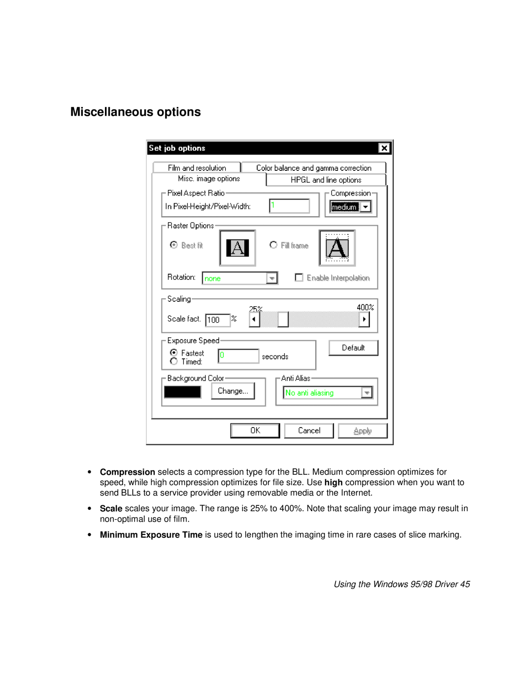 Polaroid BLL Generator manual Miscellaneous options, Using the Windows 95/98 Driver 