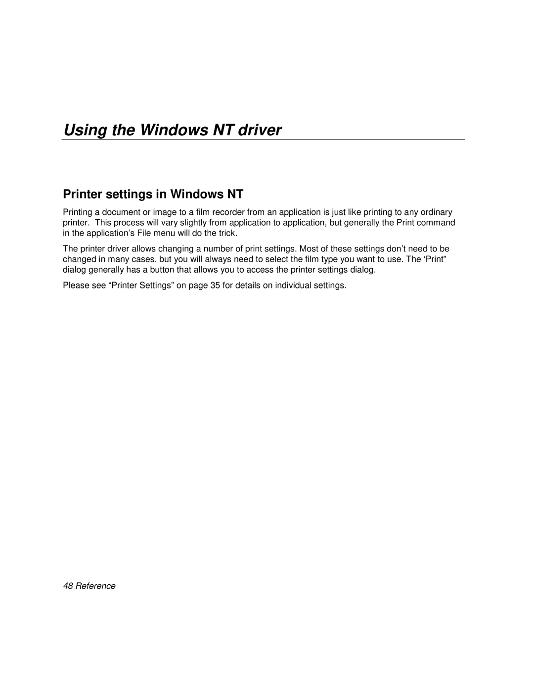 Polaroid BLL Generator manual Using the Windows NT driver, Printer settings in Windows NT, Reference 