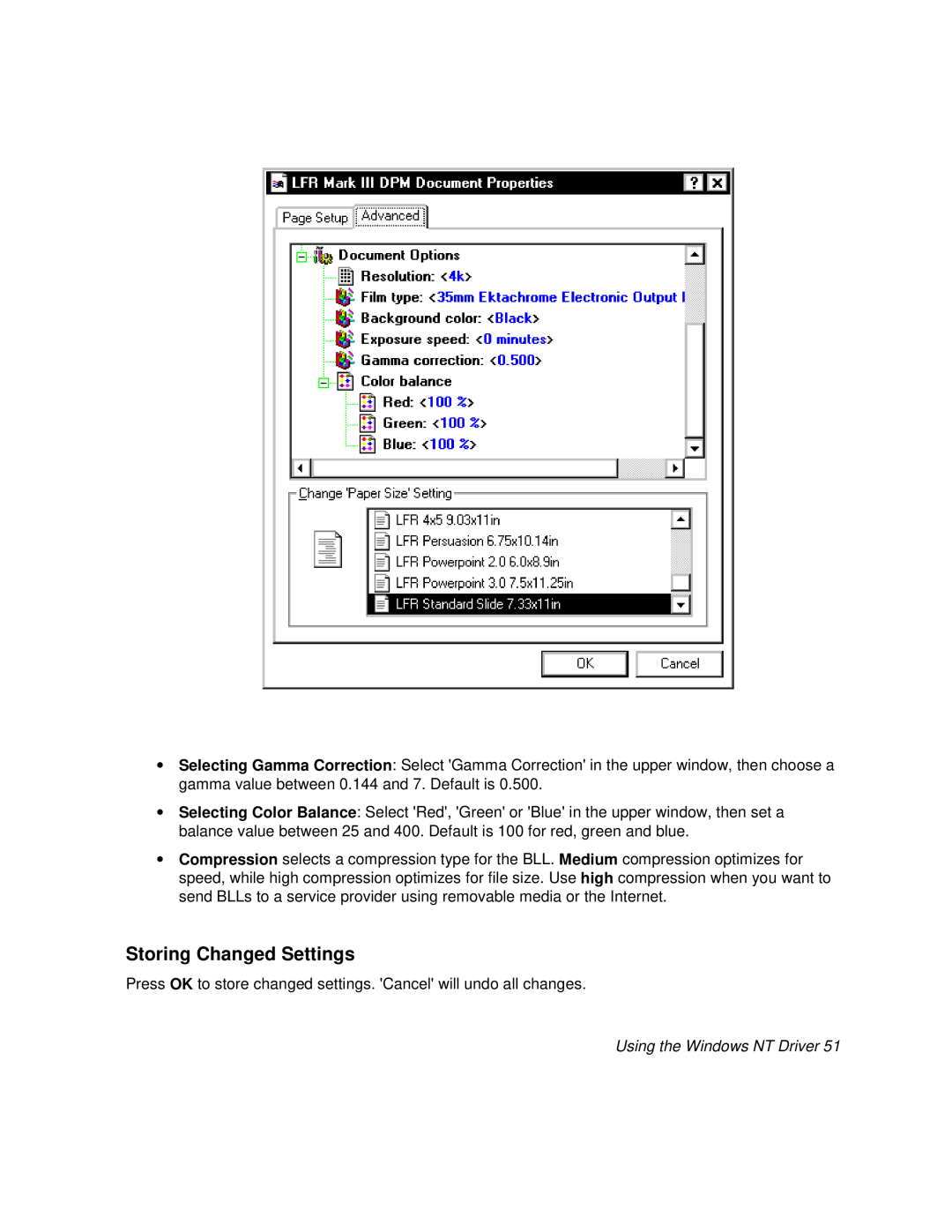 Polaroid BLL Generator manual Storing Changed Settings, Using the Windows NT Driver 