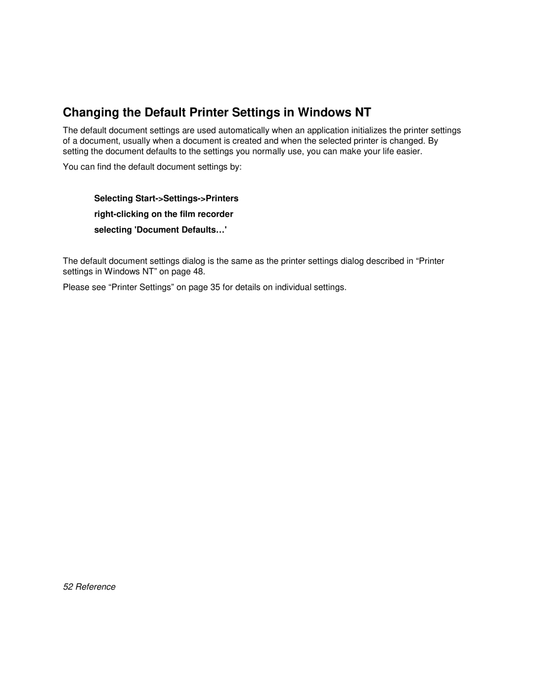 Polaroid BLL Generator manual selecting Document Defaults…, Reference, Selecting Start->Settings->Printers 