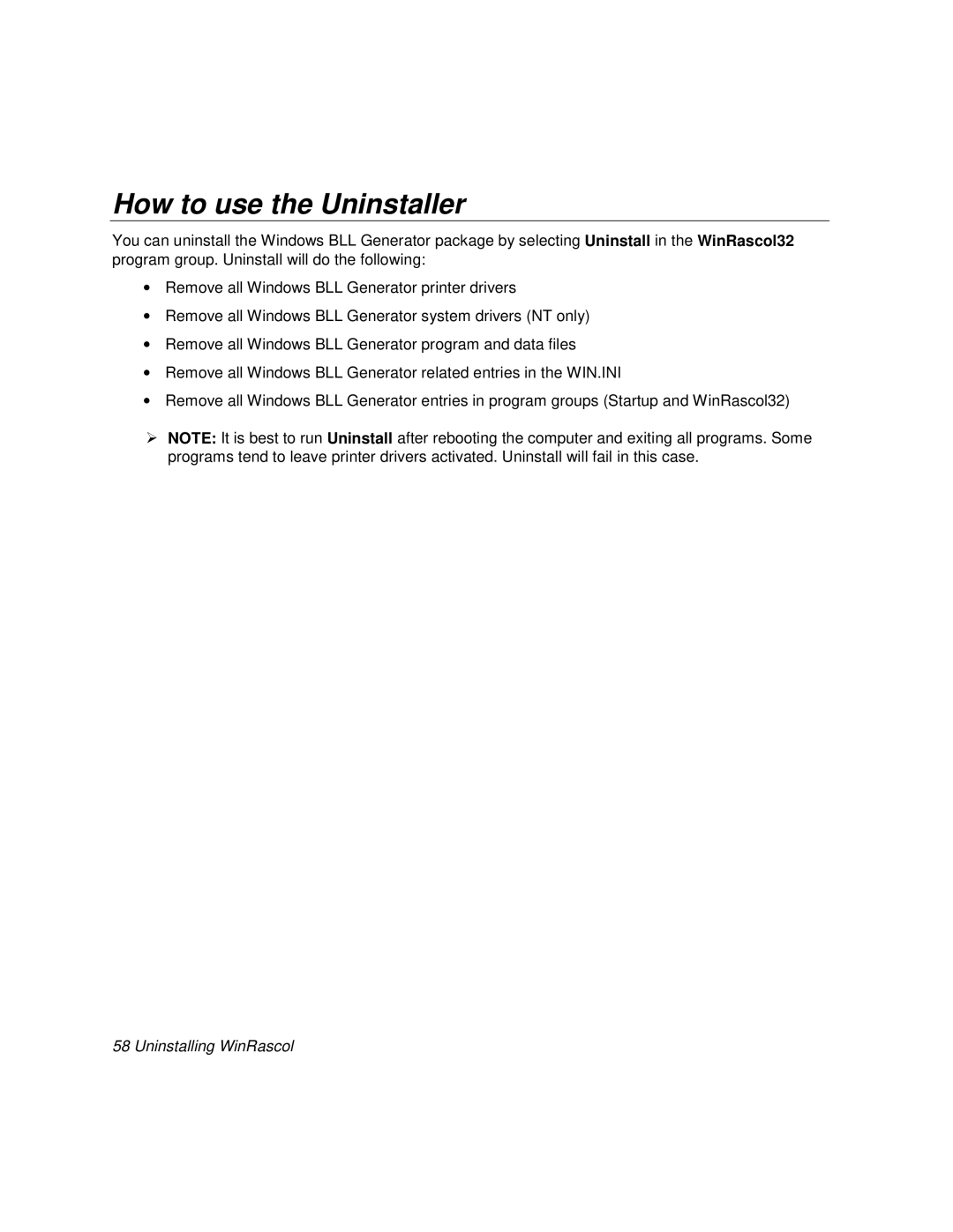 Polaroid BLL Generator manual How to use the Uninstaller, Uninstalling WinRascol 