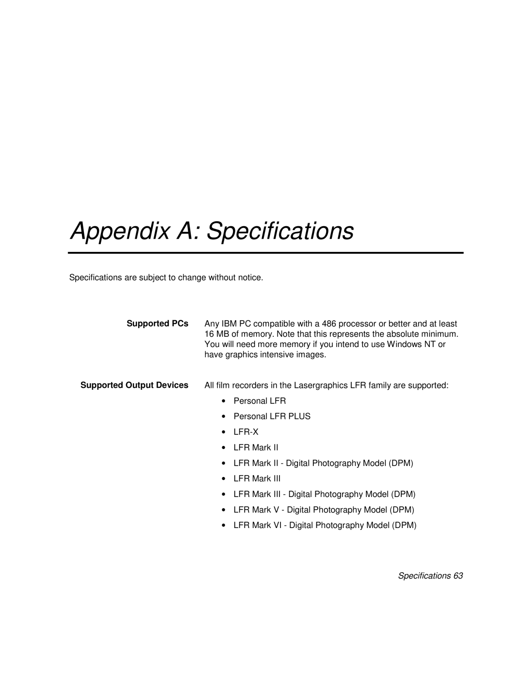 Polaroid BLL Generator manual Appendix A: Specifications 
