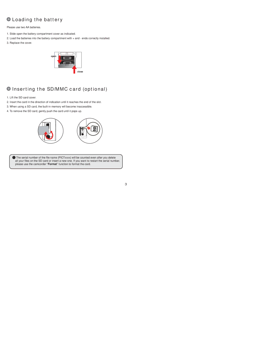 Polaroid CAA-03040S user manual Loading the battery, Inserting the SD/MMC card optional 