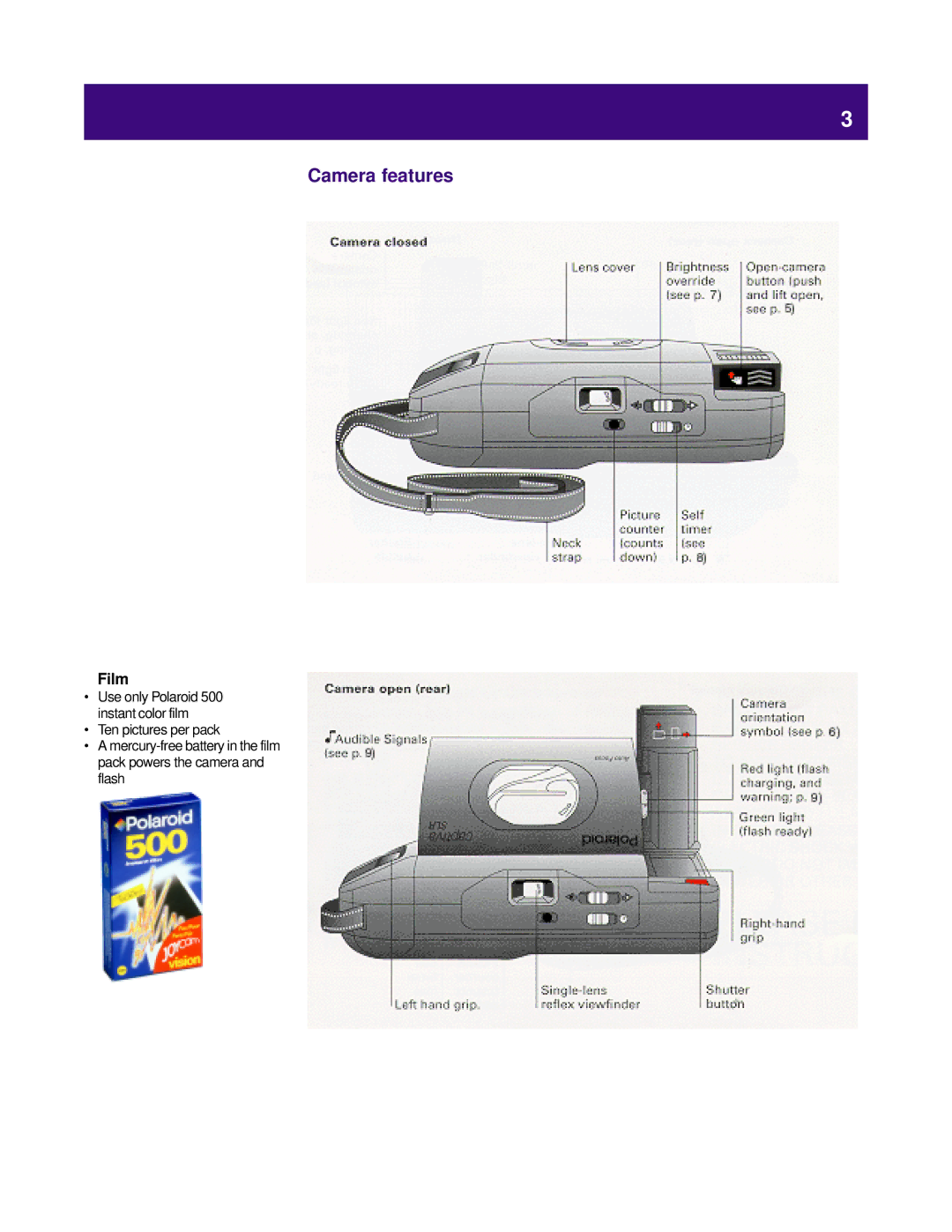 Polaroid captiva SLR manual Camera features, Film 