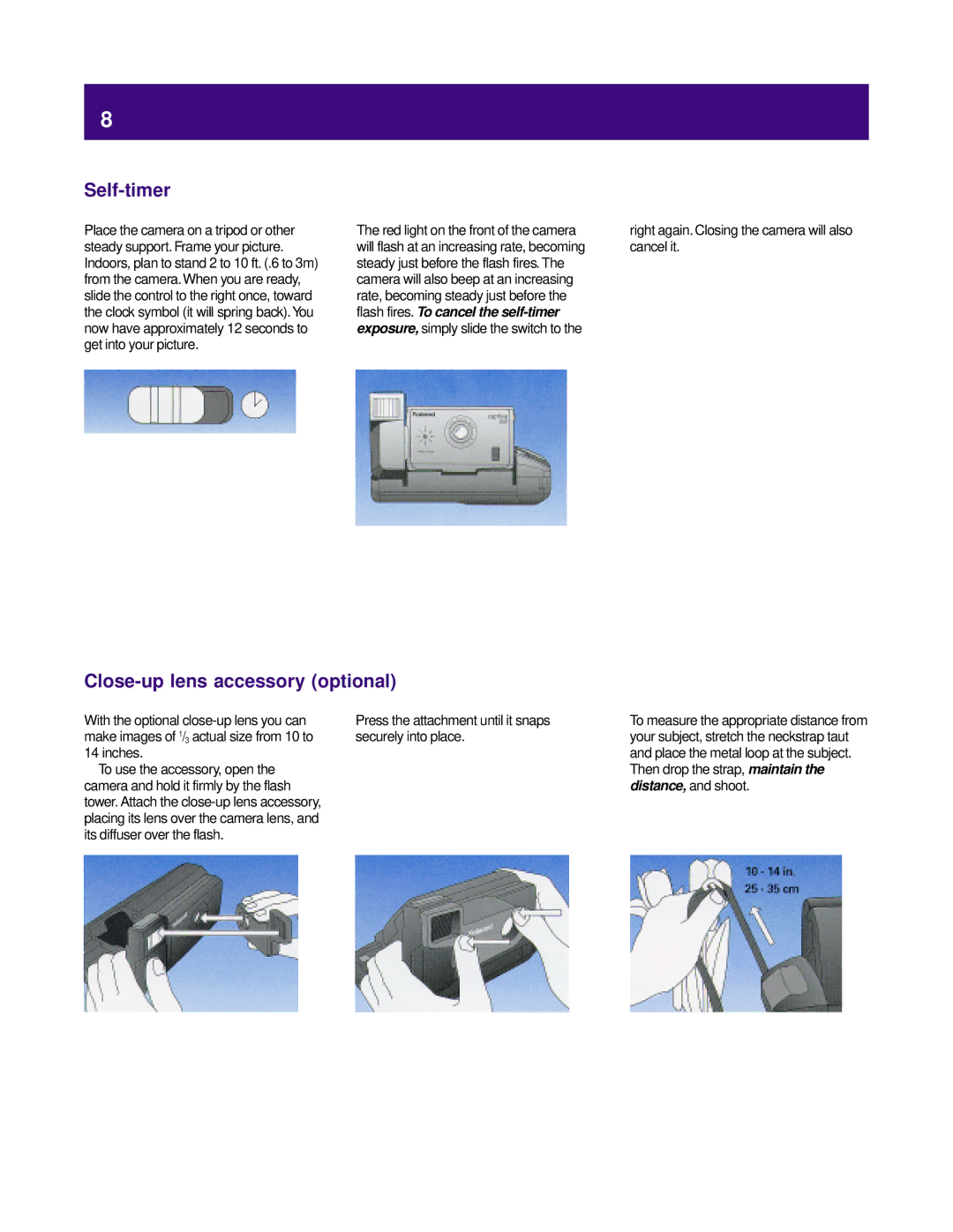 Polaroid captiva SLR manual Self-timer, Close-up lens accessory optional 