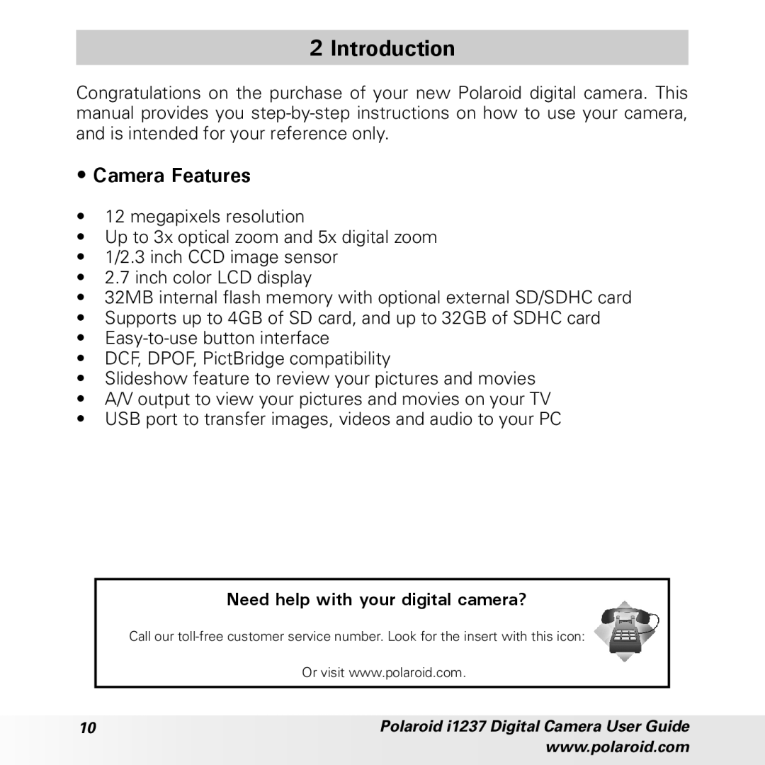 Polaroid CIA-1237PC manual Introduction, Camera Features 