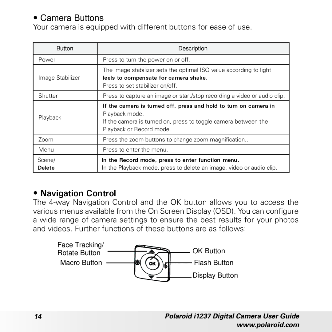 Polaroid CIA-1237PC manual Camera Buttons, Navigation Control 